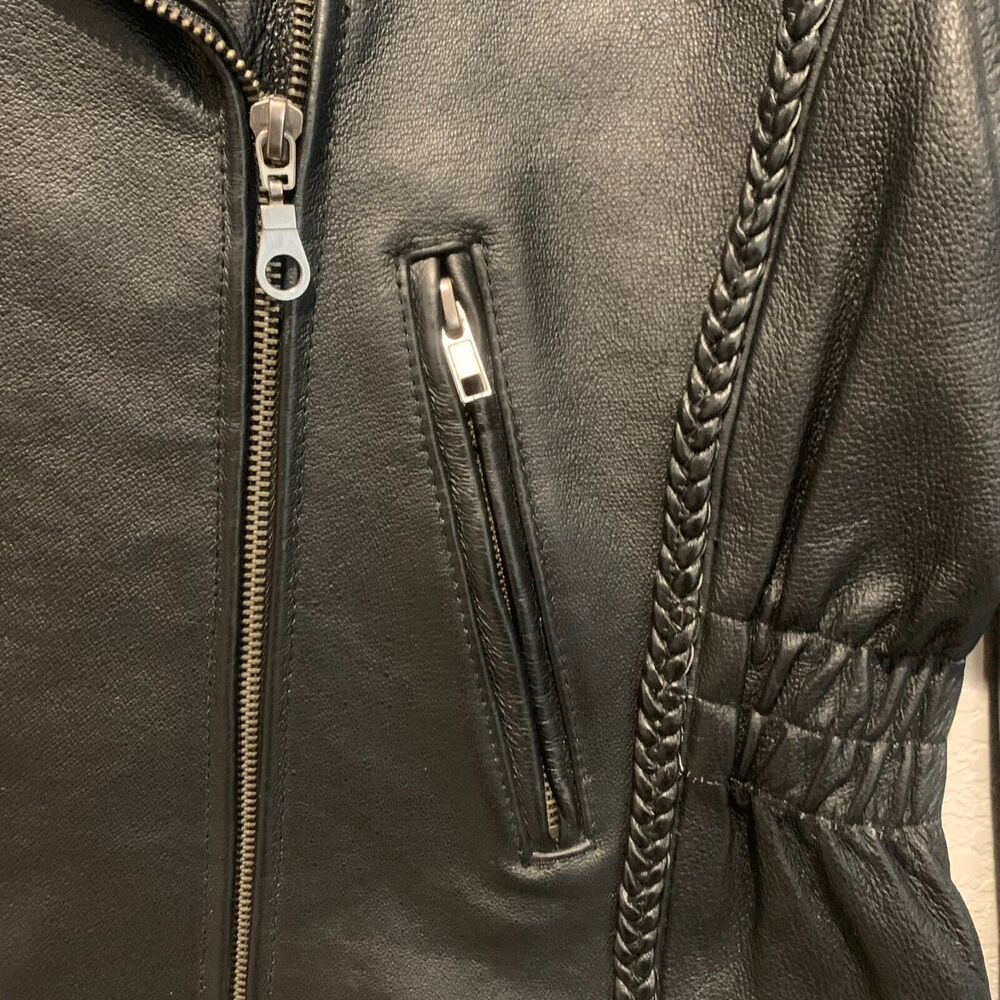 Black Genuine Leather Asymmetrical Zip Moto Jacket Braided Detail Womens Large - Picture 4 of 13